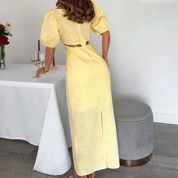 Light Yellow Casual Women's Sweetheart Neckline Puff Sleeve Sundress - Picture 2 of 5